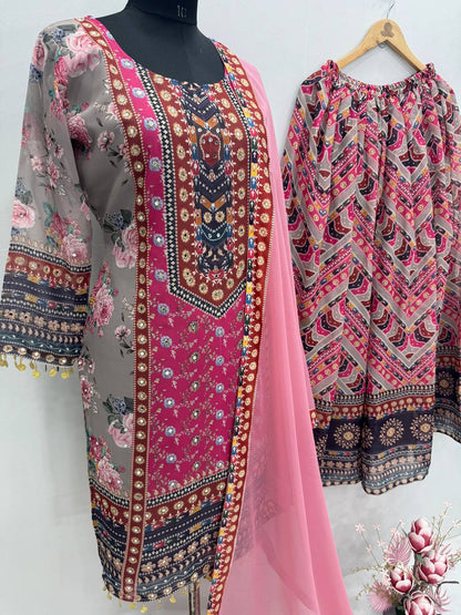 Superhit Pink Color Faux Georgette Digital Print With Real Mirror Hand Work Palazzo Suit