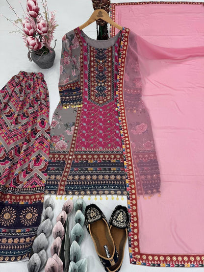 Superhit Pink Color Faux Georgette Digital Print With Real Mirror Hand Work Palazzo Suit