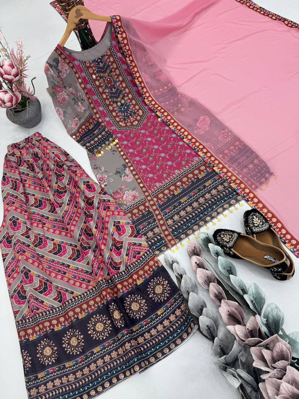 Superhit Pink Color Faux Georgette Digital Print With Real Mirror Hand Work Palazzo Suit