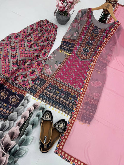 Superhit Pink Color Faux Georgette Digital Print With Real Mirror Hand Work Palazzo Suit