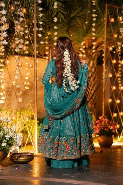 Wedding Wear Green Color Embroidered Gown With Sharara & Dupatta Set