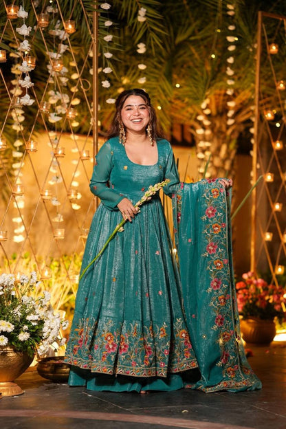 Wedding Wear Green Color Embroidered Gown With Sharara & Dupatta Set