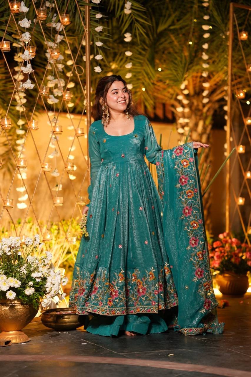 Wedding Wear Green Color Embroidered Gown With Sharara & Dupatta Set