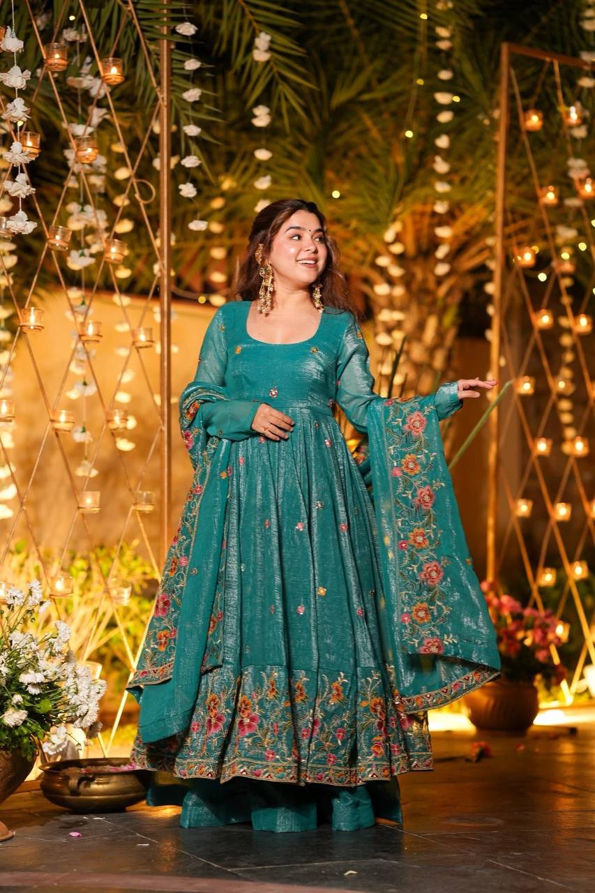 Wedding Wear Green Color Embroidered Gown With Sharara & Dupatta Set