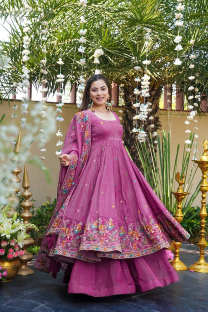 Wedding Wear Dusty Pink Color Embroidered Gown With Sharara & Dupatta Set