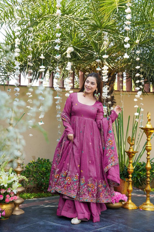 Wedding Wear Dusty Pink Color Embroidered Gown With Sharara & Dupatta Set