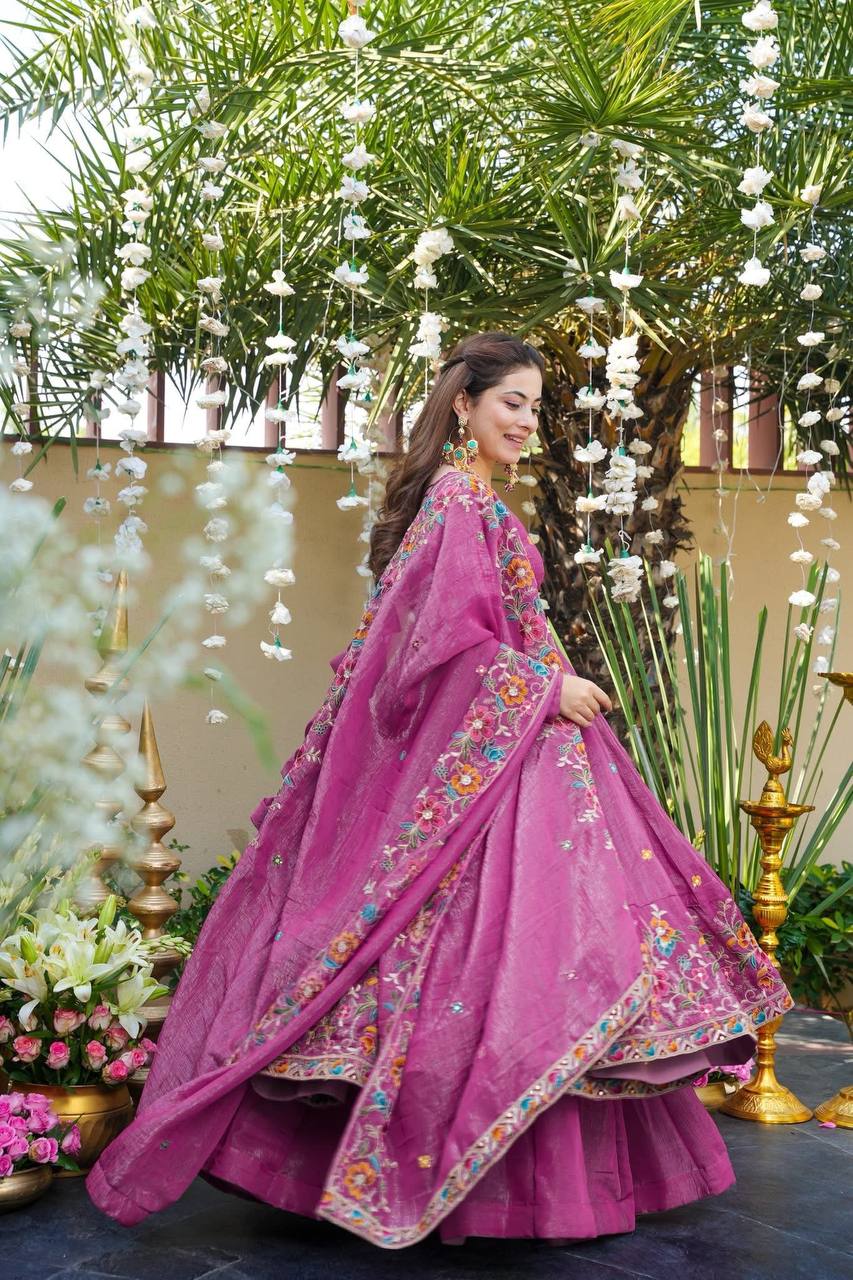 Wedding Wear Dusty Pink Color Embroidered Gown With Sharara & Dupatta Set