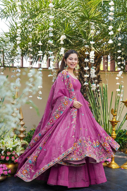 Wedding Wear Dusty Pink Color Embroidered Gown With Sharara & Dupatta Set