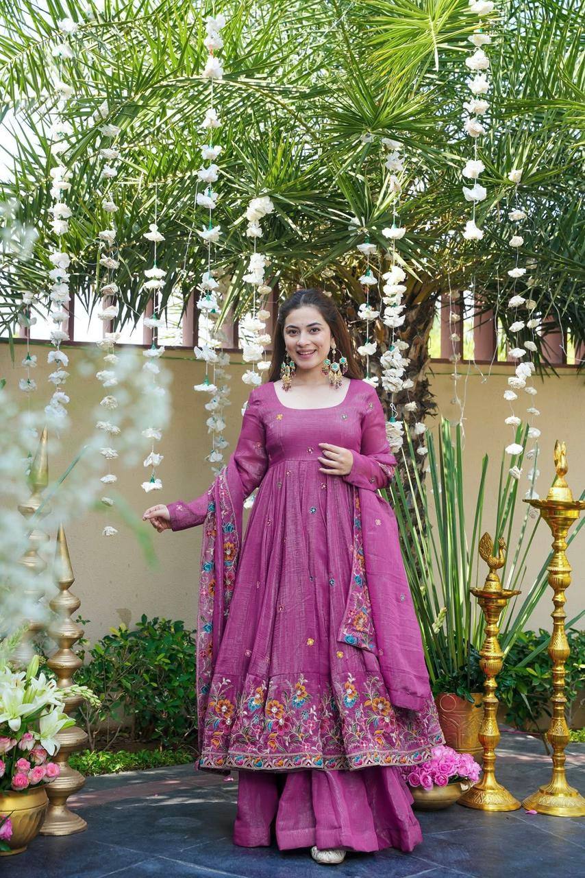 Wedding Wear Dusty Pink Color Embroidered Gown With Sharara & Dupatta Set