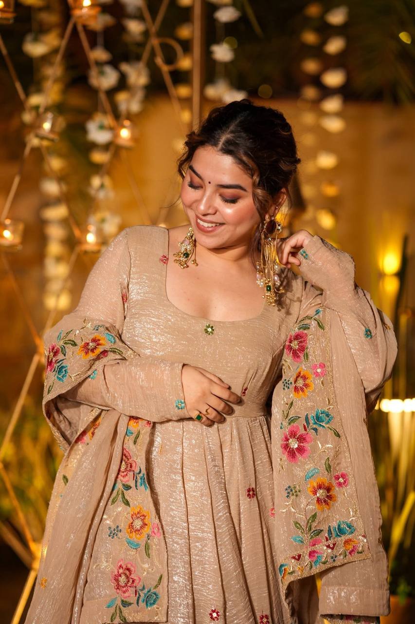 Beige Color Embroidered Gown With Sharara & Dupatta Set