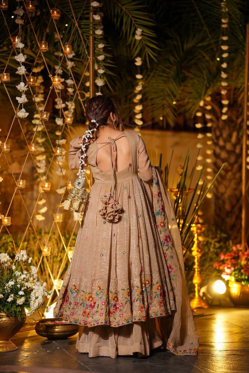 Beige Color Embroidered Gown With Sharara & Dupatta Set