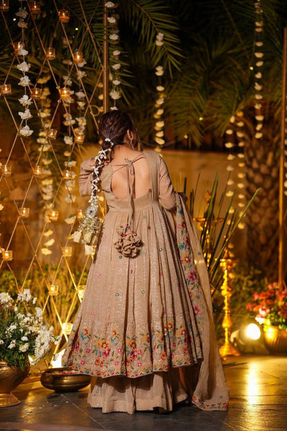 Beige Color Embroidered Gown With Sharara & Dupatta Set