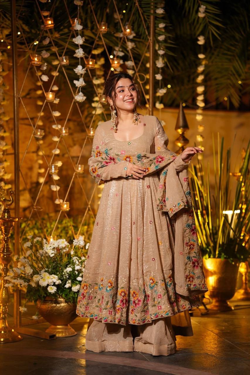 Beige Color Embroidered Gown With Sharara & Dupatta Set