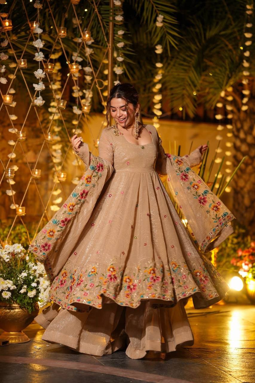 Beige Color Embroidered Gown With Sharara & Dupatta Set