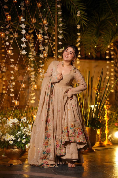 Beige Color Embroidered Gown With Sharara & Dupatta Set