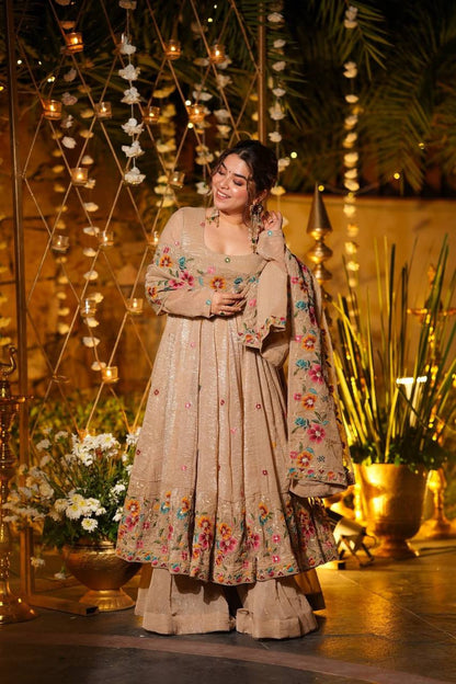 Beige Color Embroidered Gown With Sharara & Dupatta Set