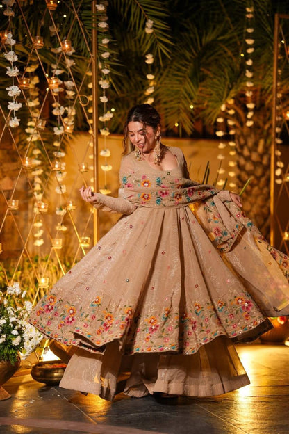 Beige Color Embroidered Gown With Sharara & Dupatta Set