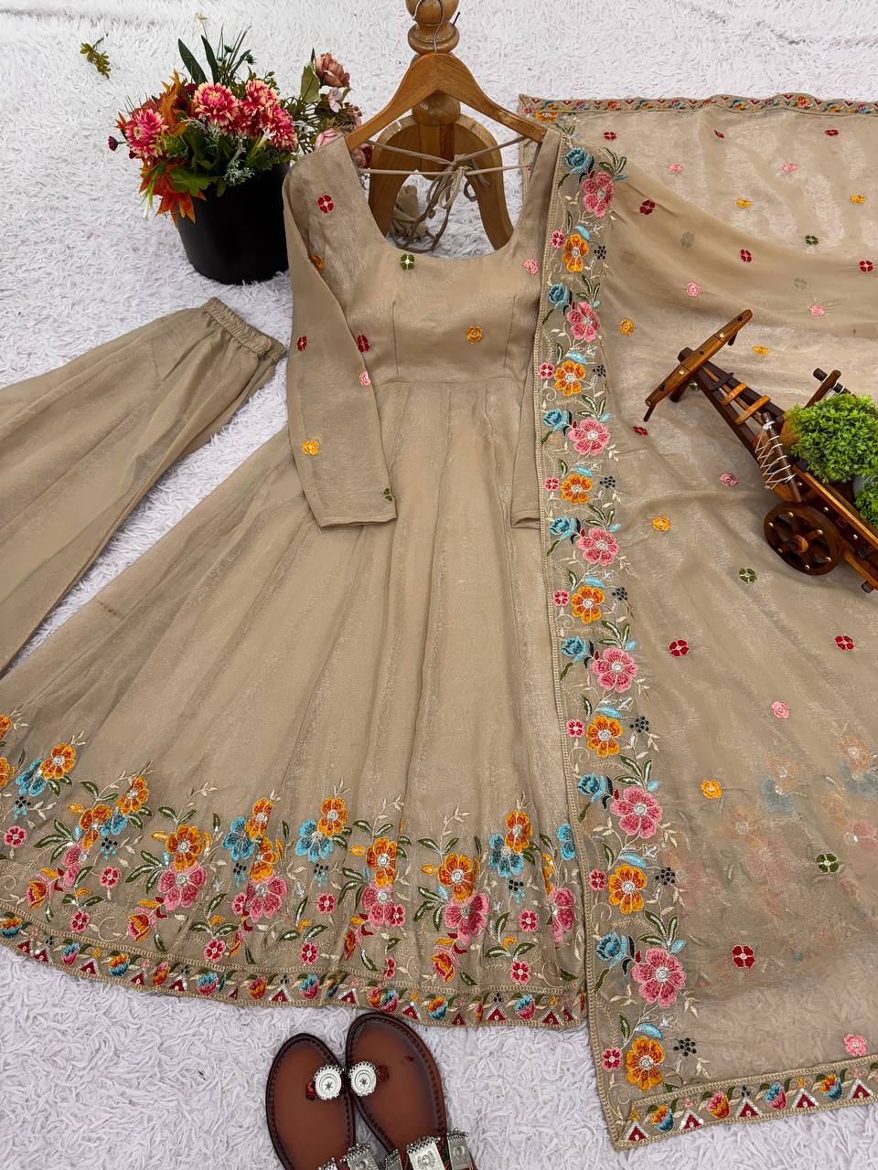Beige Color Embroidered Gown With Sharara & Dupatta Set