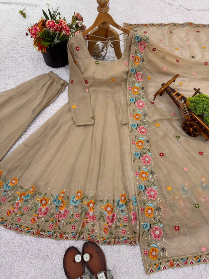 Beige Color Embroidered Gown With Sharara & Dupatta Set