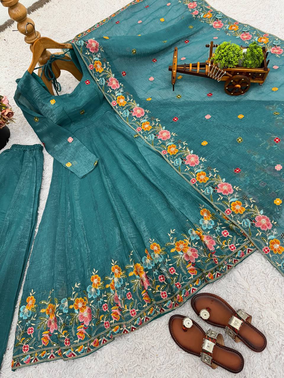 Wedding Wear Green Color Embroidered Gown With Sharara & Dupatta Set