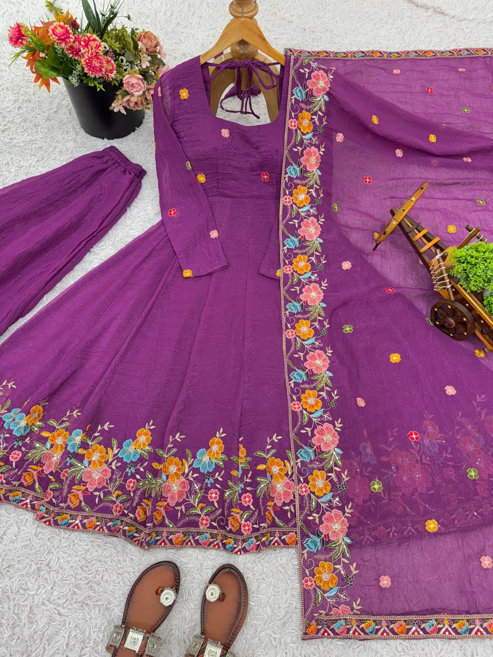 Wedding Wear Dusty Pink Color Embroidered Gown With Sharara & Dupatta Set
