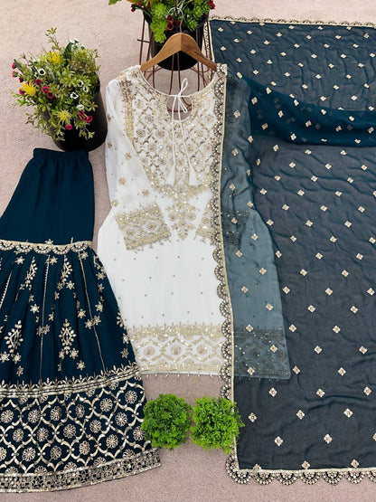 Traditional Wear White Color Heavy Faux Georgette With Embroidery Sequence Work Sharara Suit