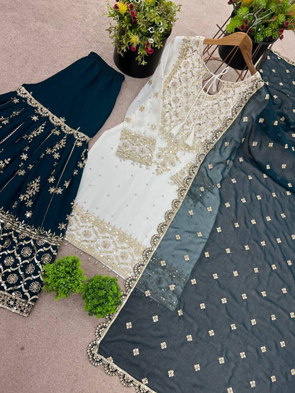 Traditional Wear White Color Heavy Faux Georgette With Embroidery Sequence Work Sharara Suit