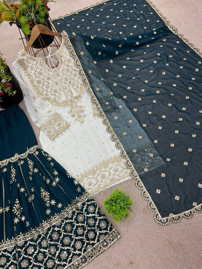 Traditional Wear White Color Heavy Faux Georgette With Embroidery Sequence Work Sharara Suit
