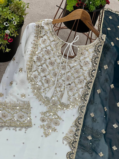 Traditional Wear White Color Heavy Faux Georgette With Embroidery Sequence Work Sharara Suit