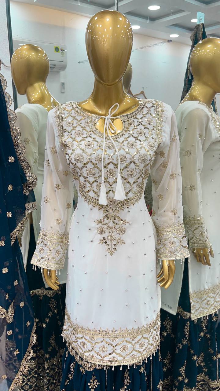 Traditional Wear White Color Heavy Faux Georgette With Embroidery Sequence Work Sharara Suit