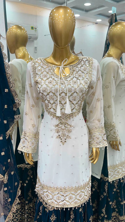 Traditional Wear White Color Heavy Faux Georgette With Embroidery Sequence Work Sharara Suit