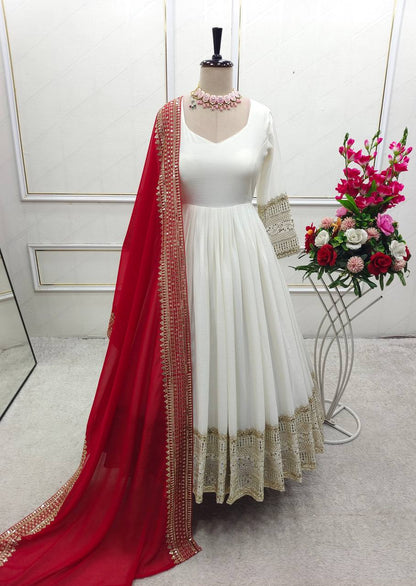 Gorgeous White Color Embroidered Designer Gown Set