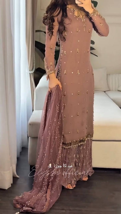 Exclusive Brown Color Heavy Faux Georgette With Heavy Embroidery Sequence Work