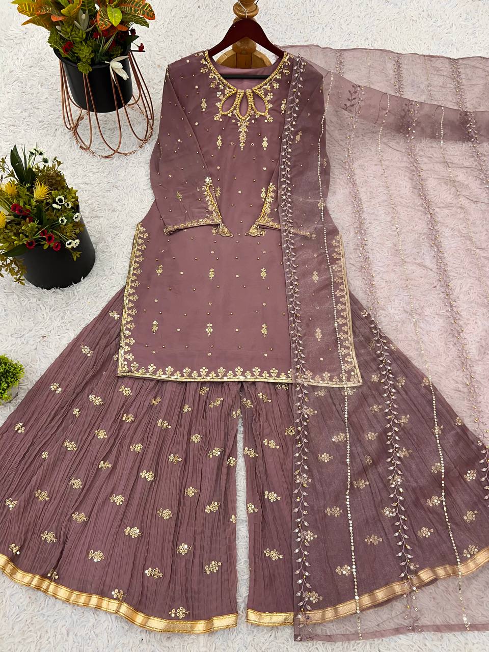 Exclusive Brown Color Heavy Faux Georgette With Heavy Embroidery Sequence Work