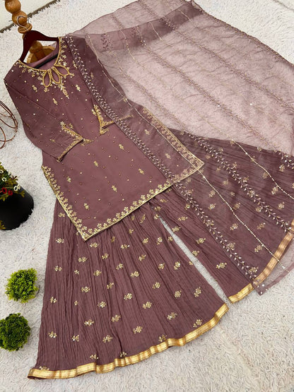 Exclusive Brown Color Heavy Faux Georgette With Heavy Embroidery Sequence Work