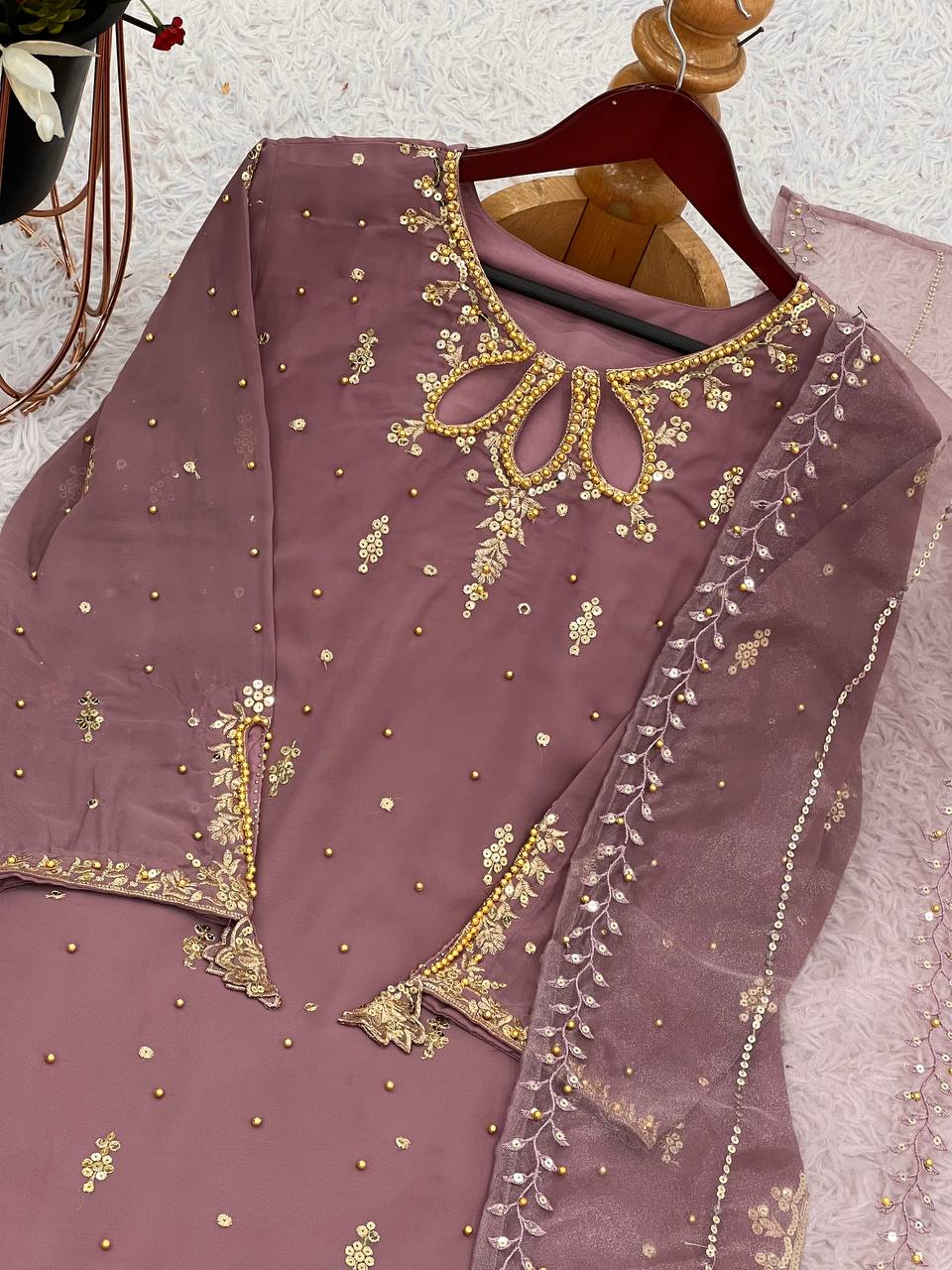 Exclusive Brown Color Heavy Faux Georgette With Heavy Embroidery Sequence Work