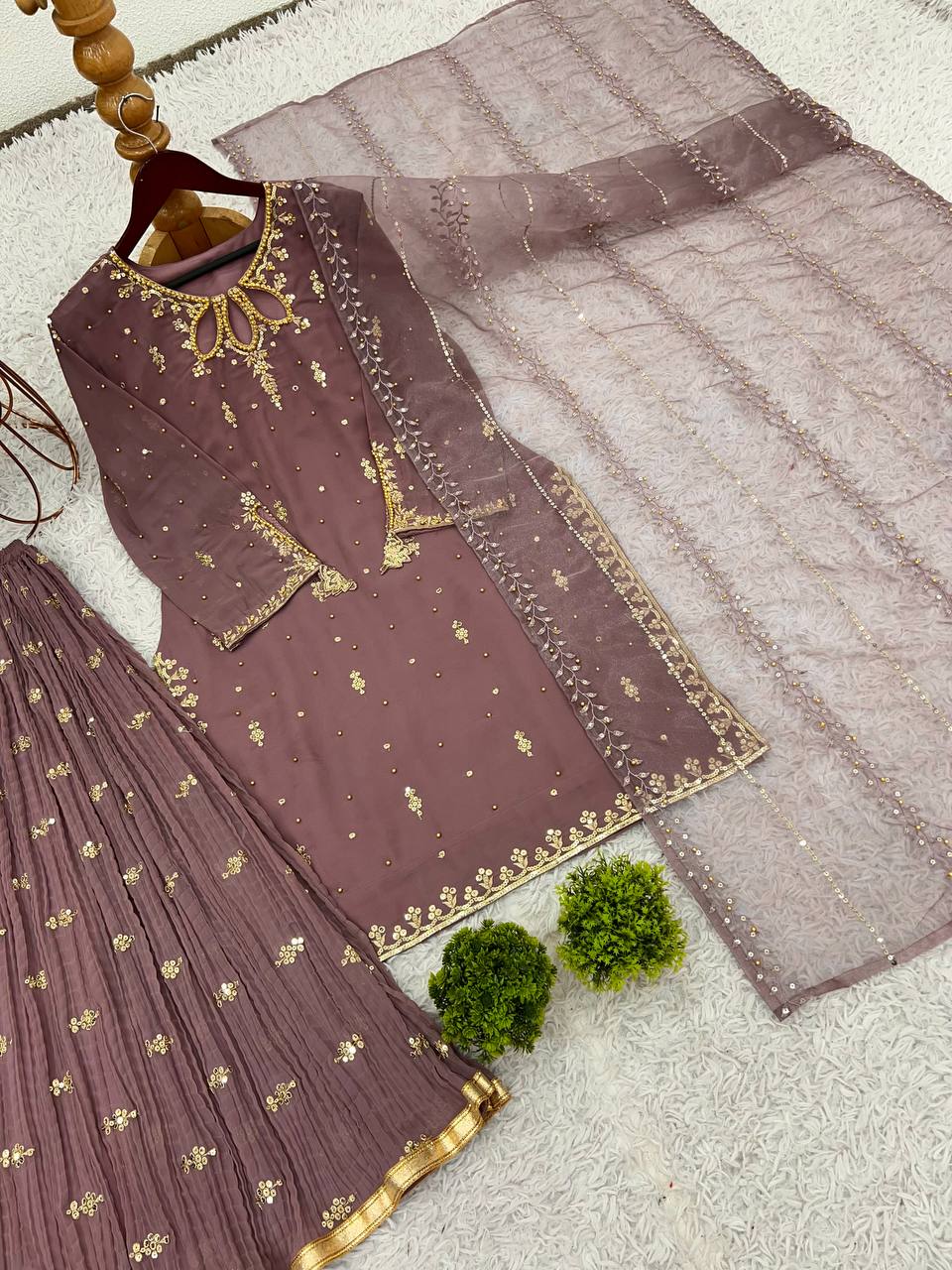 Exclusive Brown Color Heavy Faux Georgette With Heavy Embroidery Sequence Work