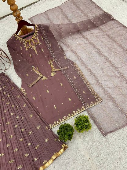 Exclusive Brown Color Heavy Faux Georgette With Heavy Embroidery Sequence Work