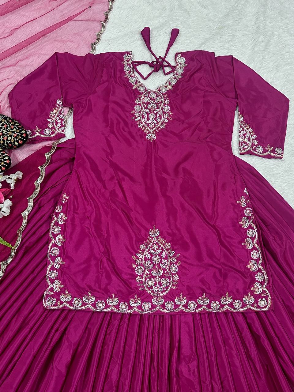 Wedding Wear Natural Crepe Silk ids Hand Work With  Sequence Work Top With Lehenga