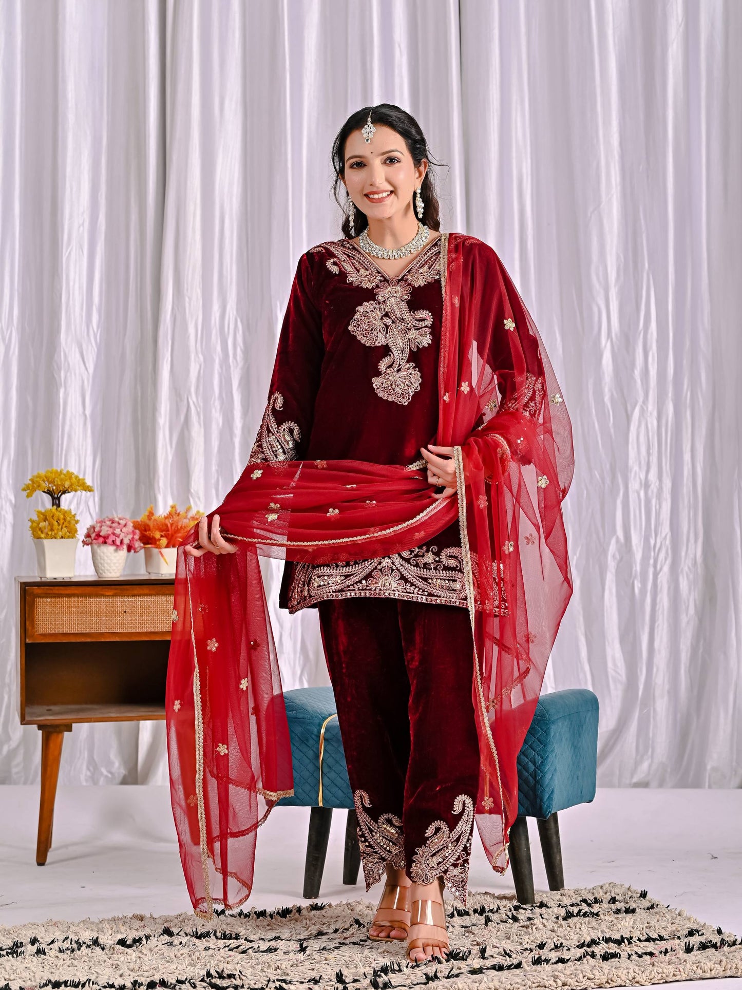 Designer Maroon Color Embroidered Velvet Suit Set