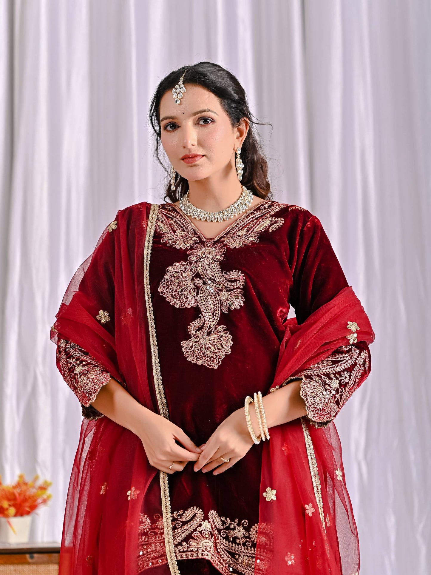 Designer Maroon Color Embroidered Velvet Suit Set