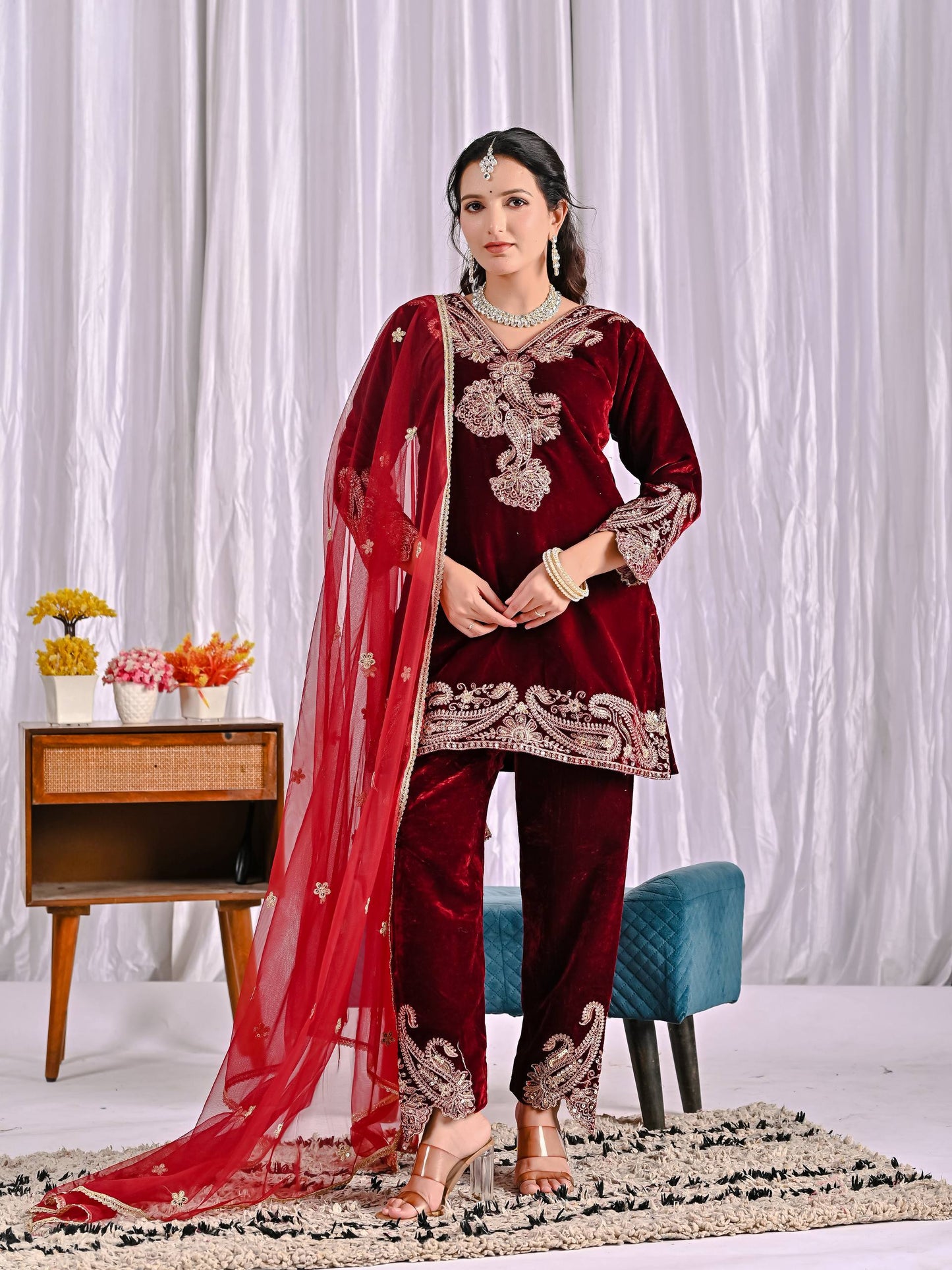 Designer Maroon Color Embroidered Velvet Suit Set