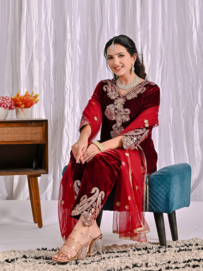 Designer Maroon Color Embroidered Velvet Suit Set