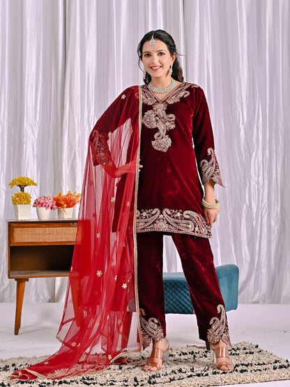 Designer Maroon Color Embroidered Velvet Suit Set