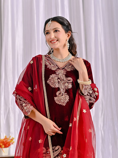 Designer Maroon Color Embroidered Velvet Suit Set