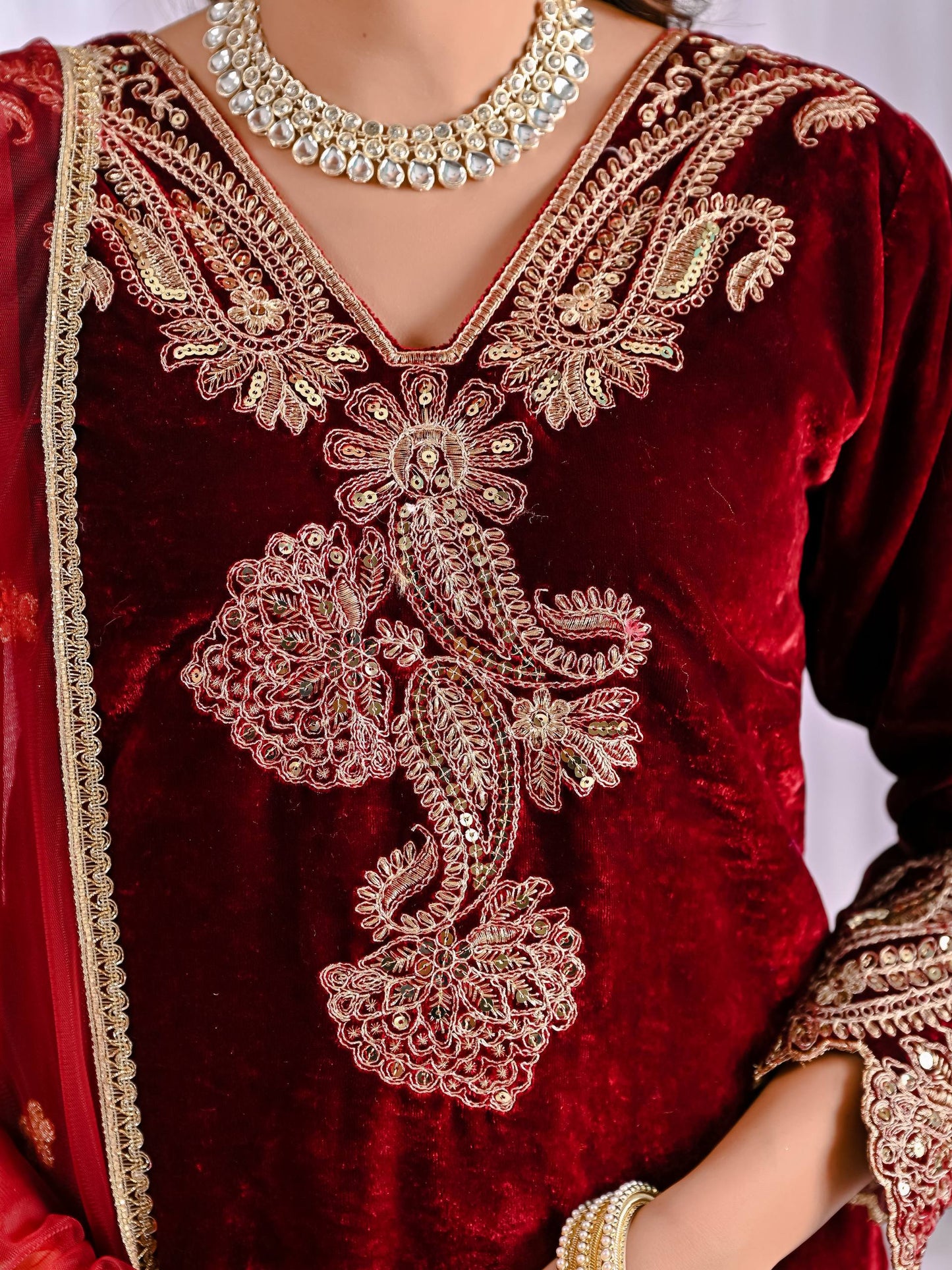 Designer Maroon Color Embroidered Velvet Suit Set