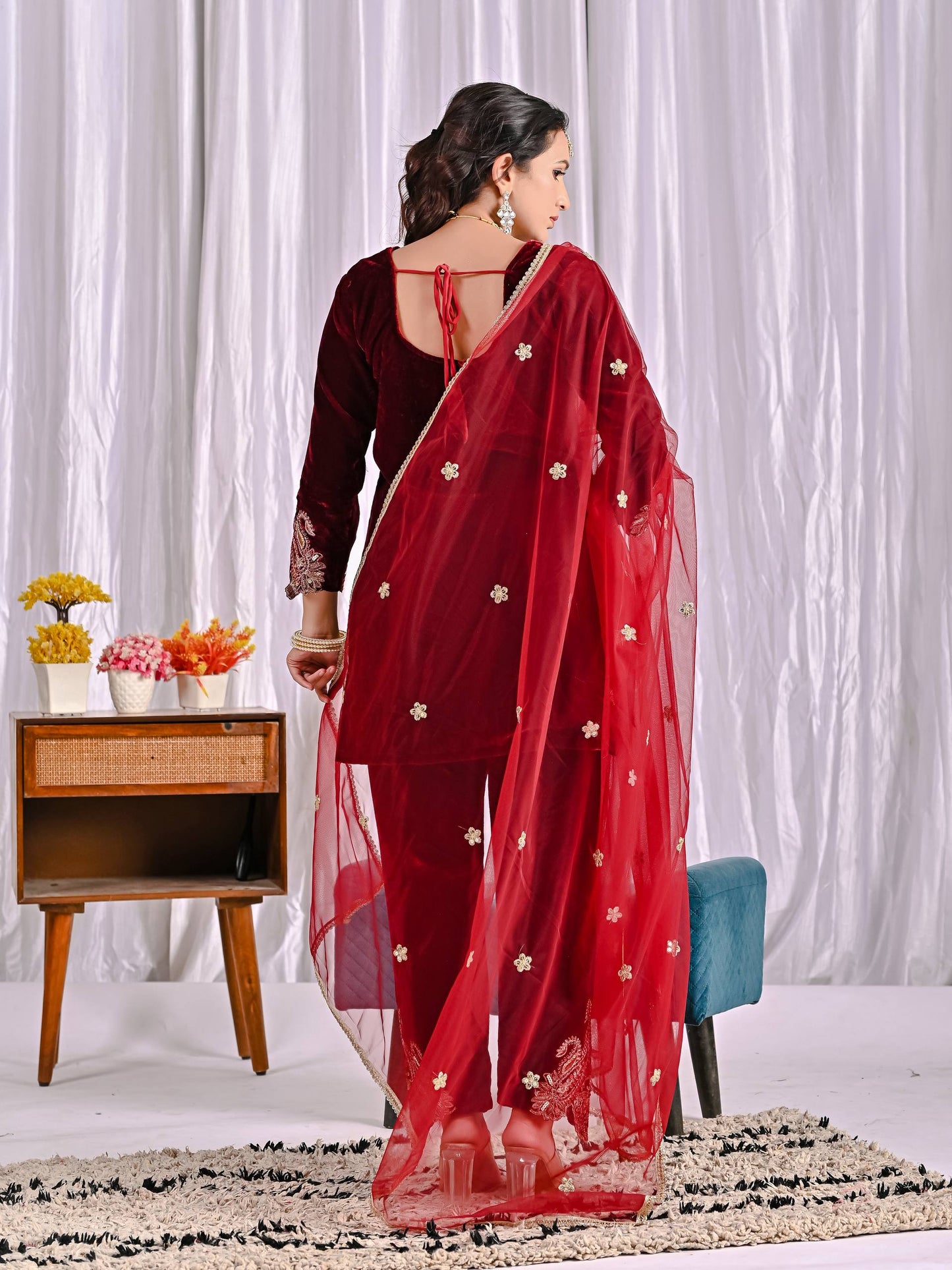 Designer Maroon Color Embroidered Velvet Suit Set