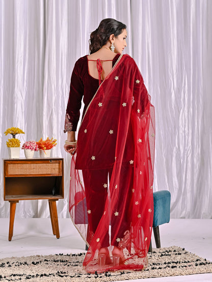Designer Maroon Color Embroidered Velvet Suit Set