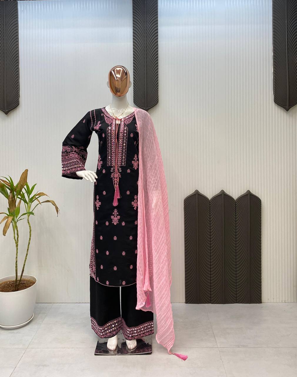 Designer Black Color Silk Kurti And Plazzo Set With Dupatta