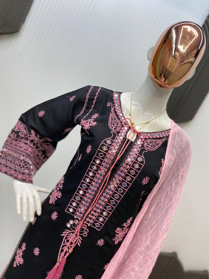 Designer Black Color Silk Kurti And Plazzo Set With Dupatta